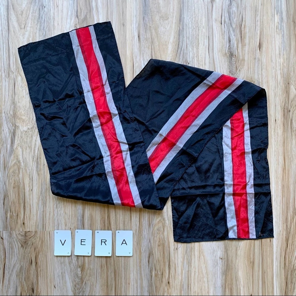 VINTAGE 1970s Vera Neumann SILK Striped Scarf Red Black Gray Mod